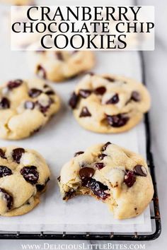 cranberry chocolate chip cookies on a baking sheet with the title text overlay