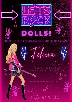 a poster for a rock concert with a girl in pink and black outfit holding a guitar