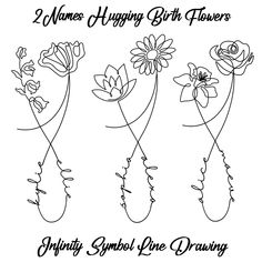 three flowers with the words, happy birthday and another drawing in black ink on a white background