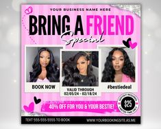 a flyer for a hair salon featuring two women with long black hair and pink background