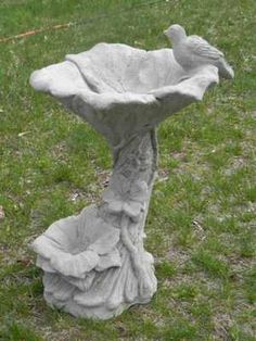 a bird bath sitting on top of a lush green field