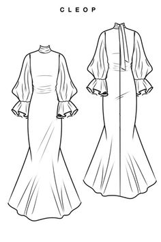 the front and back view of an evening gown, with ruffles on the sleeves