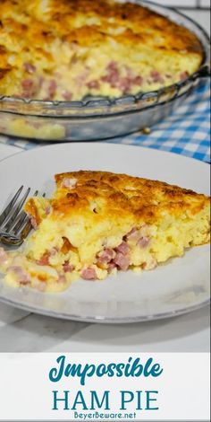 ham and cheese quiche on a plate with a fork