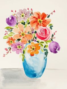 a watercolor painting of flowers in a blue vase on a white tablecloth background