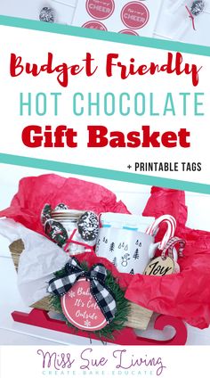 a gift basket filled with hot chocolates, marshmallow tags and candy canes