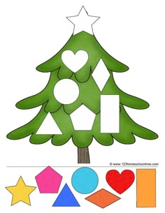 a paper cut out of a christmas tree with shapes to make it look like an ornament