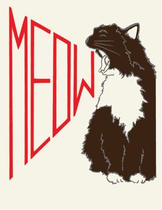 a black and white cat sitting in front of the word meow