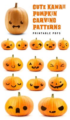 pumpkin carving patterns with different faces and expressions on them, including the words cute kawai pumpkin carving patterns