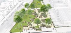 an artist's rendering of a park in the middle of a city with lots of trees