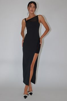 Zenya Split Ruched Midi Dress Black Black Midi Dress Shoes, Sleek Backless Maxi Dress For Date Night, Backless Stretch Midi Dress For Prom, Stretch Backless Midi Dress For Prom, Backless Midi Dress With Ruched Back For Party, Chic Maxi Dress With Ruched Back For Prom, Party Backless Maxi Dress With Ruched Back, Party Maxi Backless Dress With Ruched Back, Sleek Backless Maxi Dress For Party