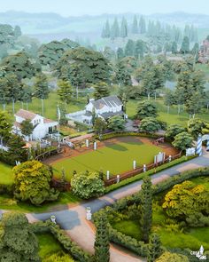 an artist's rendering of a park with lots of trees and houses in the background