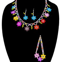 Elegant Handmade Multicolor Jewelry Set Includes Necklace, Earrings And Bracelet. Flower-shaped Colorful Beads Jewelry For Party, Multicolor Flower Shape Jewelry For Party, Multicolor Party Jewelry With Flower Shape, Multicolor Flower Shape Party Jewelry, Red Beaded Flower Shaped Jewelry, Multicolor Flower-shaped Jewelry With Flower Decoration, Multicolor Flower Decorated Jewelry For Party, Adjustable Multicolor Flower Necklace, Bohemian Multicolor Jewelry With Flower Charm