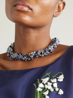 EXCLUSIVE AT NET-A-PORTER. Carolina Herrera's necklace is made from gold-tone metal and strung with an array of tonal-blue beads and crystals that look like bunches of dainty blooms from afar. Adjust the chain to your desired length. Blue Beaded Evening Jewelry, Blue Polished Beads Jewelry, Blue Beaded Jewelry For Evening, Formal Blue Faceted Necklaces, Formal Blue Faceted Necklace, Blue Beaded Necklaces For Evening, Formal Blue Gemstone Beads Jewelry, Formal Blue Gemstone Beaded Jewelry, Elegant Blue Faceted Beaded Necklace