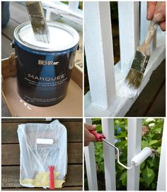 four pictures showing different types of paint being applied on the outside of a white picket fence