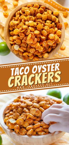 two pictures with the words taco oyster crackers in front of them and an image of