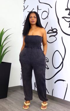 Smocked tube top Two front pockets Elastic at the waist and ankles Comfort fit Great quality 100% rayon 51" long from the chest Fits true to size Model wearing a size medium (34DD, 28, 46, 5'5) Smocked Tube Top, Tube Top, Smocking, Comfort Fit, Jumpsuit, Navy, How To Wear