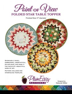 an advertisement for the point of view folded star table topper, featuring three circular designs