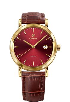 Take a look at this high-performance men’s watch with a bold burgundy red sunray dial highlighted with striking gold tone hour markers and hands. Featuring a robust stainless steel case measuring 40mm in diameter and a premium burgundy leather strap, this Swiss-made gent’s watch is a colorful and masculine timepiece Movement: Ronda Swiss quartz movement with hours, minutes and seconds display Date window: Yes Dial: Shiny, sunray Time indicator: Applied baton hour indices and printed minutes Cale Masculine Design, Best Watches For Men, Leather Watch Strap, Engraved Logo, Watch Model, Swiss Made, Watch Case, Red And Gold, Men's Watch