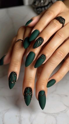 The theme is green everybody!      Follow for more~~  . . . . .  #nails #nailsofinstagram #nailart #naildesign #nailstagram #nailartideas #nailsoftheday #nailsnailsnails #nailaddict #naillove #nails2inspire Deep Green Almond Nails, Black And Forest Green Nails, Dark Green Nails Designs Gold, Moody Fall Nails, Gold And Green Nail Designs, Dark Green Gel Nails, Slytherin Nail Ideas, Slytherin Nail Art, Green Gel Nails Ideas