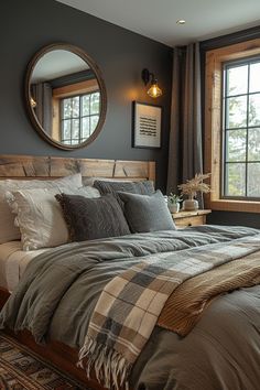 a large bed sitting under a window next to a wooden dresser and mirror in a bedroom