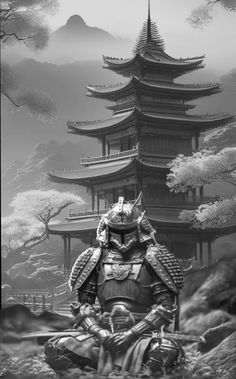 a black and white photo of a samurai sitting in front of a pagoda