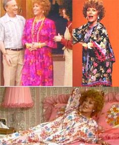 four different pictures of people in pajamas and dresses on the same bed, one with an open mouth