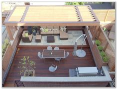 an overhead view of a patio and deck area