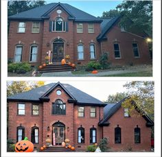 two pictures of a brick house with pumpkins on the front