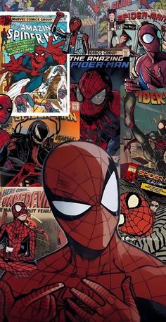 spider - man collage with comic covers and other comics on the wall behind him