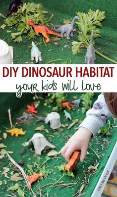 a child playing with dinosaur habitat at the zoo, and text overlay reads diy dinosaur habitat your kids will love