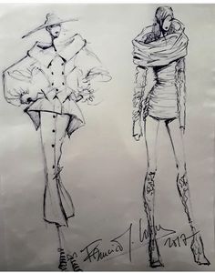 two drawings of women in coats and boots, one with her arms wrapped around the other