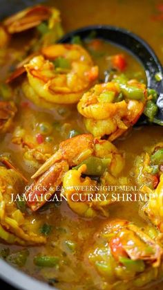 some food is being cooked in a pot with a ladle full of it and the words jamaican curry shrimp on top