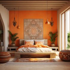 a bedroom with an orange wall and large bed in the middle, surrounded by potted plants