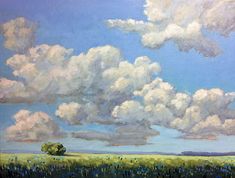 an oil painting of clouds over a green field