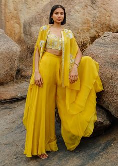 Mishru-Yellow Iris Cape And Pant Set-INDIASPOPUP.COM Asymmetric Cape, Haldi Ceremony Outfit, Mehndi Outfits, Sequin Cape, Haldi Outfits, Haldi Outfit, Long Cape, Beaded Skirt, Organza Blouse