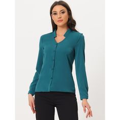 This shirt is elegant and charming for workwear or a day-to-night look, with a cut-out v-neck and unique shoulder details. No-see-through chiffon fabric and stylish v-neck make it a perfect choice for work, office, and daily wear. Pair this work office shirt with a pencil skirt, work pants, or casual jeans. The return of a classic, this button-up shirt is cut from in a chiffon sateen in an always flattering fit-and-flare silhouette. Model Body Size: Height: 5'9", Chest: 33 inches, Waist: 24 inch Long Sleeve Chiffon Shirt, The Office Shirts, Satin Blouses, Button Up Long Sleeve, Black Velvet Dress, Chiffon Long Sleeve, Denim Midi Skirt, Chiffon Shirt, Chiffon Blouse