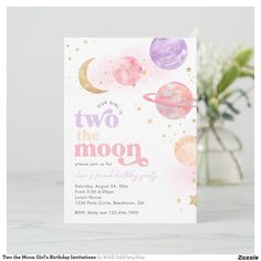 a birthday party card with the words two on the moon in pink and purple watercolors