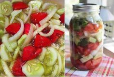 there are two pictures one has vegetables and the other has pickles in it with water