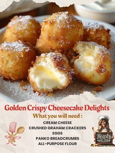 an advertisement for golden crispy cheesecake delights on a plate with powdered sugar