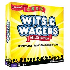 the game wits and wagers deluxe is shown in front of a yellow background with silhouettes