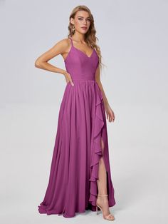 a woman in a long purple dress