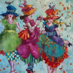 three women in colorful dresses and hats are walking