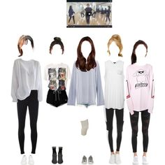 several different types of clothes and shoes are arranged on a white background, including long - sleeved shirts