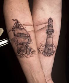 two people with tattoos on their legs and one has a boat in front of the lighthouse