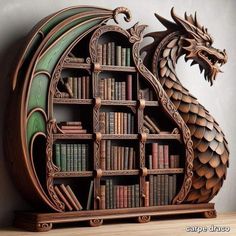 a book shelf with books and a dragon on it