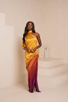 Step into effortless sophistication with the SOL Drape Maxi Dress. Designed with a stunning draped silhouette, this dress features a captivating blend of colors inspired by the serene beauty of sunsets. The flowing, lightweight fabric gracefully moves with you, offering both comfort and a flattering fit. Perfect for el Black Tie Optional Attire, Modest Wedding Guest Dress, Beach Wedding Outfit Guest, Beach Wedding Outfit, Wedding Outfit Guest, Dream Wedding Decorations, Drape Maxi Dress, Resort Fashion, Iconic Dresses