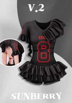 a black dress with red numbers and ruffles on the bottom is shown next to an image of a woman's torso