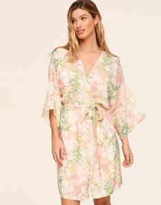 This feminine and floral robe is perfect for your next special occasion. The Desirae robe comes in a delicate pink print with lace inserts at the sleeve and a belt-tie closure. Add a touch of romance to your look with this pretty and flowy robe. (Available in sizes XS-XL.) Elegant Spring Sleepwear With Kimono Sleeves, Elegant Sleepwear With Kimono Sleeves For Spring, Chic Spring Robe For Brunch, Spring Wrap Robe With Belt, Summer Daywear Belted Kimono, Summer Belted Kimono For Daywear, Spring Daywear Wrap Robe, Feminine Floral Print Robe For Loungewear, Spring Feminine Robe With Kimono Sleeves