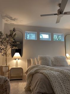 a bedroom with a bed, mirror and ceiling fan