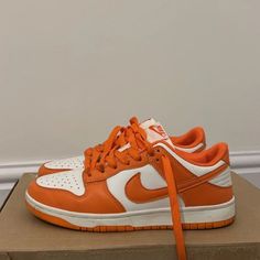 New Shoes, Original Shoebox, Shipped Within 48 Hours. Orange Shoes Women, Retro White Sneakers With Contrasting Heel Counter, Orange Lace-up Sneakers With Perforated Toe Box, Nike Orange Leather Skate Shoes, Orange Leather Nike Skate Shoes, Orange Leather Skate Shoes With Round Toe, White Sneakers With Contrasting Heel Counter, Orange Dunks, Dunk Low Orange